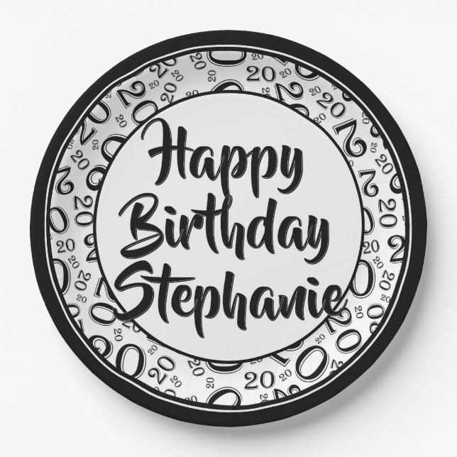 20. Party Random Number Pattern Schwarz/Weiß Pappteller (Vorderseite)