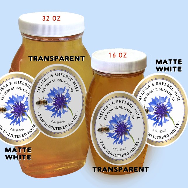 20 Petit bocal Oval Blue Flower Étiquette et abeil (Créateur téléchargé)