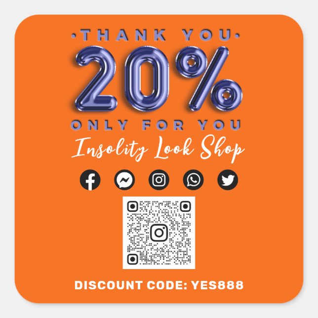 20 % Rabatt auf den QR CODE-Logo-Rabatt für Blue O Quadratischer Aufkleber (Vorderseite)