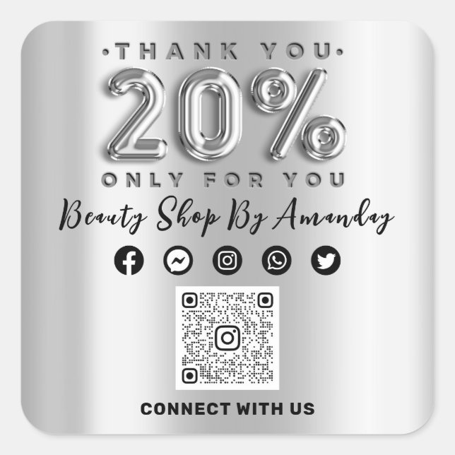20% Rabatt beim Kauf von QR CODE Silver Gray Quadratischer Aufkleber (Vorderseite)
