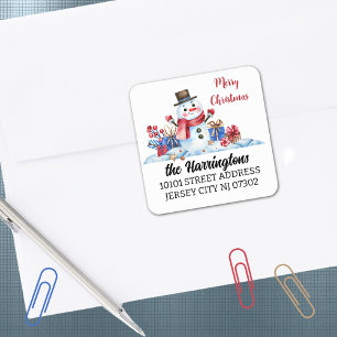 20 Retro-Schneemann-Weihnachten-Rücksende-Adressau Quadratischer Aufkleber
