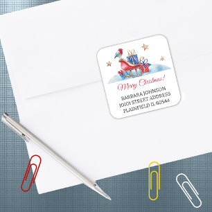 20 Rote Schlitten & Geschenke, Weihnachts-Adresse Quadratischer Aufkleber
