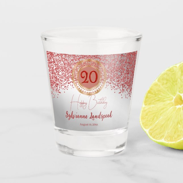 20. Ruby Red Glitter Silber Geburtstag Schnapsglas (Vorderseite)