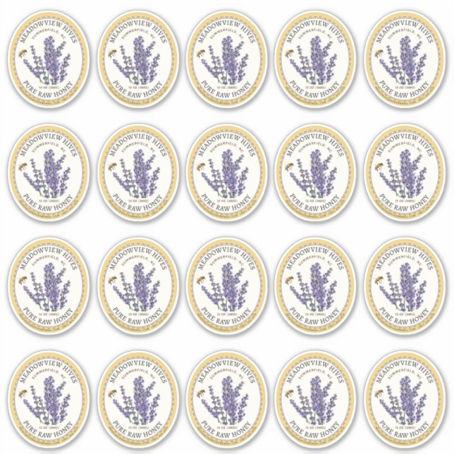 20 Small Jar Oval Lavendel Honey Label mit Biene (Vorderseite)