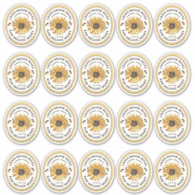 20 Small Jar Oval Sunflower Honey Label mit Biene (Vorderseite)
