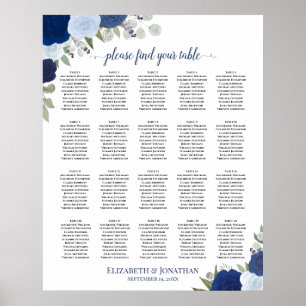 20 Tabelle Elegant Blue Floral Hochzeitsdiagramm Poster