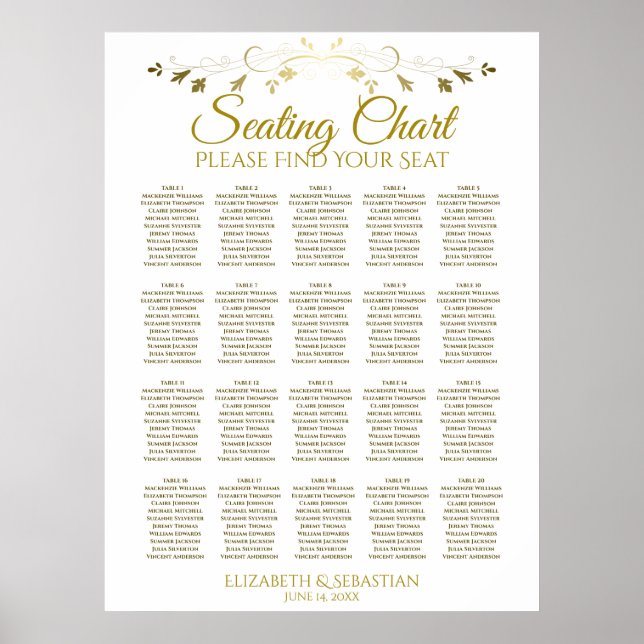 20 Tabelle Elegant Gold Wedding Seating Chart Poster (Vorne)