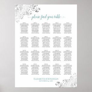 20 Tabelle Frily Wedding Seating Chart Weiß & Aqua Poster