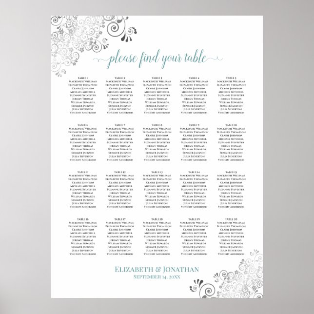 20 Tabelle Frily Wedding Seating Chart Weiß & Aqua Poster (Vorne)
