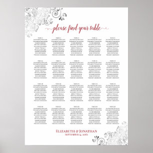 20 Tabelle Frily Wedding Seating Chart White & Red Poster