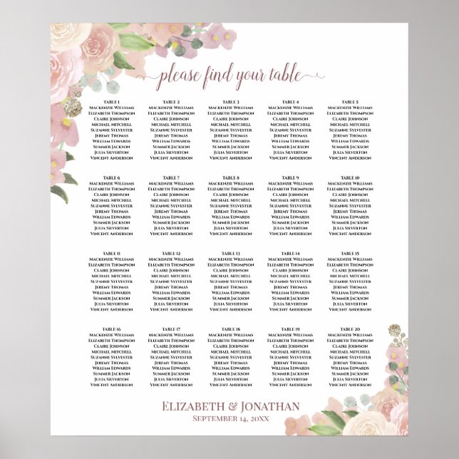 20 Tabelle rosafarbene Blumenkarte Poster (Vorne)