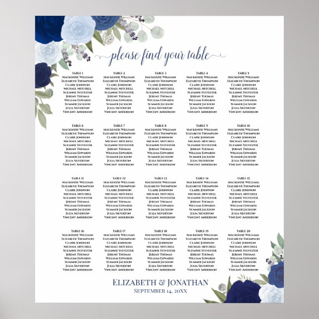 20 Tableau Élégant Mariage Floral Bleu Tableau de  (Devant)