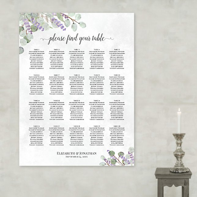 20 Tableau Mariage Plat Lavender Eucalyptus (In Situ on Wall)