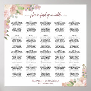 20-Tisch-Staubrosa-Blumen-Hochzeits-Sitzplan Poster