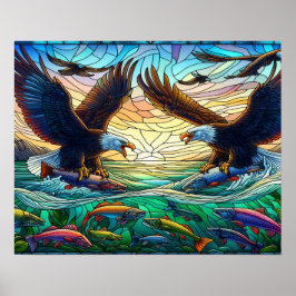 20 x 16 Fische von zwei Bald-Adlern über Wasser fa Poster