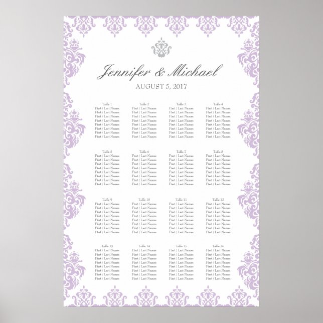 20" x 30" Damask Wedding Seating Chart (16 Tische) Poster (Vorne)
