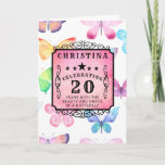 20th Birthday Pink Watercolor Butterfly Greeting Karte<br><div class="desc">The beauty of butterflies with the softness of water colors and the pink wash makes this a special 20th birthday card design. Easy to edit text using the template provided.</div>
