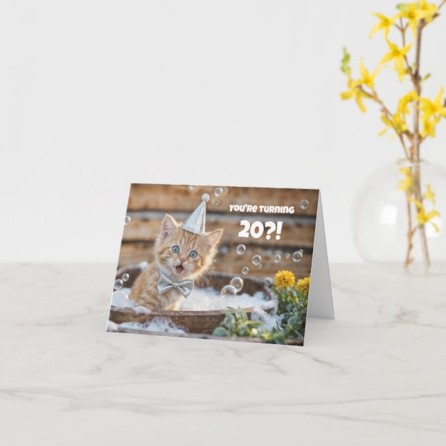 20th Birthday with Cute Kitten in a Bubble Bath  Karte (Gelbe Blume)