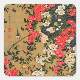 21. 薔 薇 小 図, 若 冲 Rose & Small Bird, Jakuchū Quadratischer Aufkleber