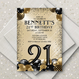 21. Balloons Black Gold Geburtstag Einladung