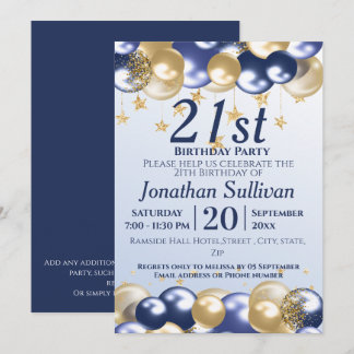 21. Birthday Navy Gold Balloons Party Einladung