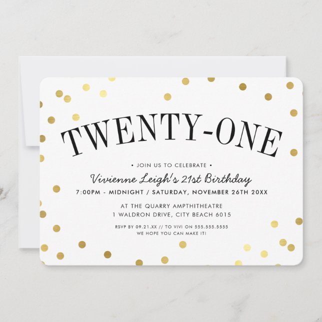 21. BIRTHDAY PARTY Stilvolle goldene Konfetti Spot Einladung (Vorderseite)