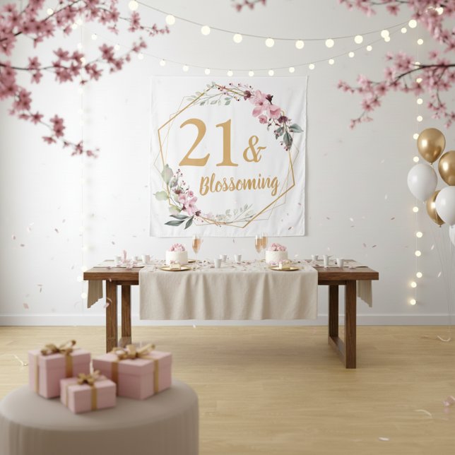 21 & Blossoming Cherry Blossom 21st Birthday Sign Wandteppich (Stylish cherry blossom birthday wall decor.)