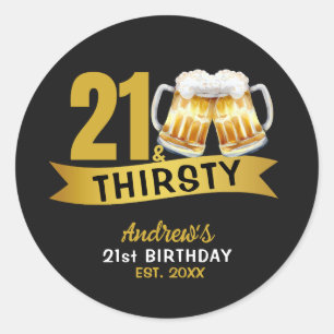 21 & DURSTIG - EINLADUNG ZUM 21. GEBURTSTAG RUNDER AUFKLEBER