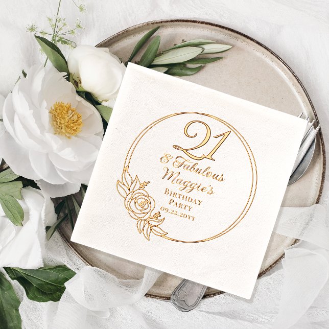 21 et Fabuleuse fête du 21e anniversaire bloquée (Elegant "21 and Fabulous" Floral Wreath Frame 21st Birthday Party Stamped Foil Napkins)