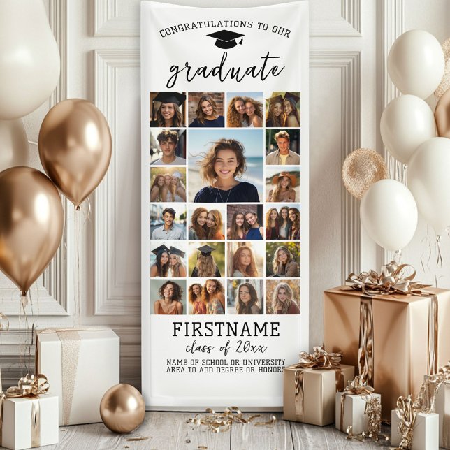 21 Foto Collage Abschluss Moderner Minimal Weiß Banner (Custom Graduation Banner - Great for a backdrop or Grad Party Decoration)