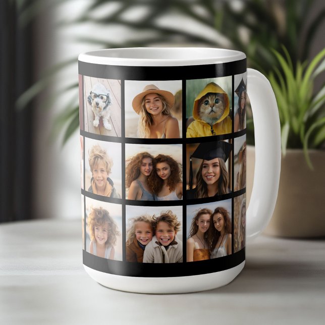 21 Foto Collage Grid - 2 Textfelder - Schwarz-weiß Kaffeetasse (Custom Photo Mug)