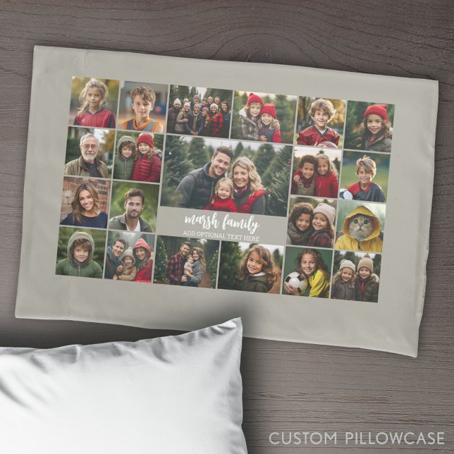 21 Foto Collage Grid mit 2 Textfeldern Kissenbezug (Create Your Own Photo Collage Pillowcase)