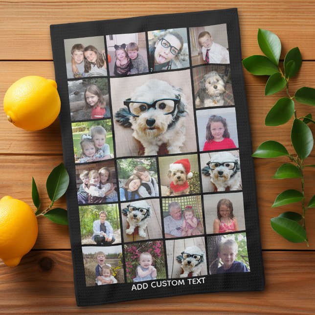 21 FotoCollage - Gitter mit Extratext - schwarz Geschirrtuch (Personalized Kitchen Towel with photos and text - Makes a great gift)