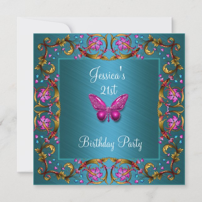 21. Geburtstag Aquamarin Blauer Rosa Schmetterling Einladung (Vorderseite)