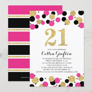 21. Geburtstag Black Hot Pink Gold Glitzer Confett Einladung