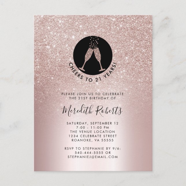 21. Geburtstag Blush Glitzer Champagne Einladung Postkarte (Vorderseite)