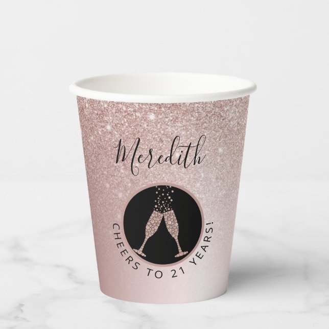 21. Geburtstag Blush Glitzer Champagne Toast Pappbecher (Vorderseite)