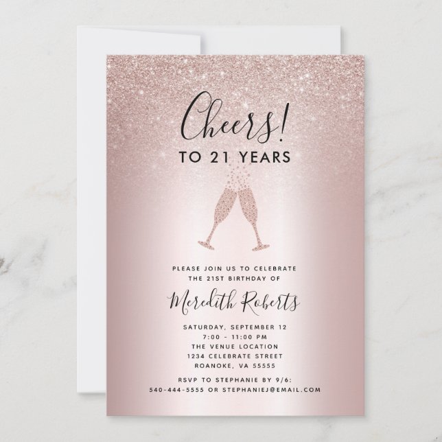 21. Geburtstag Blush Glitzer Champagner Toast Einl (Vorderseite)