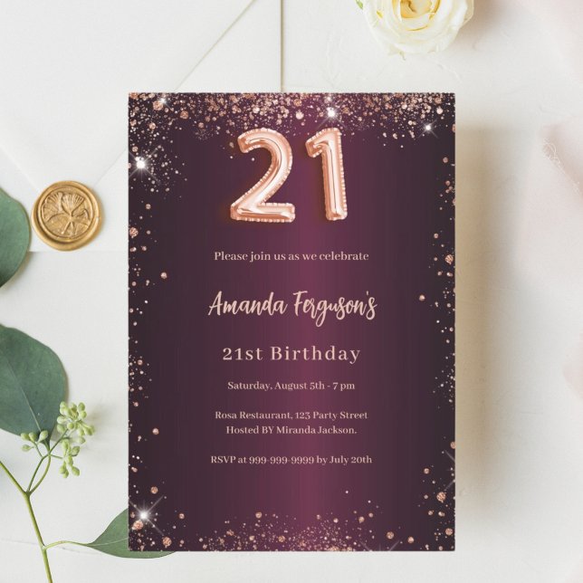 21. Geburtstag burgundische Rose Gold Einladung (Von Creator hochgeladen)