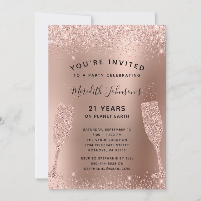 21. Geburtstag Champagne Toast Rose Gold Glitzer Einladung (Vorderseite)