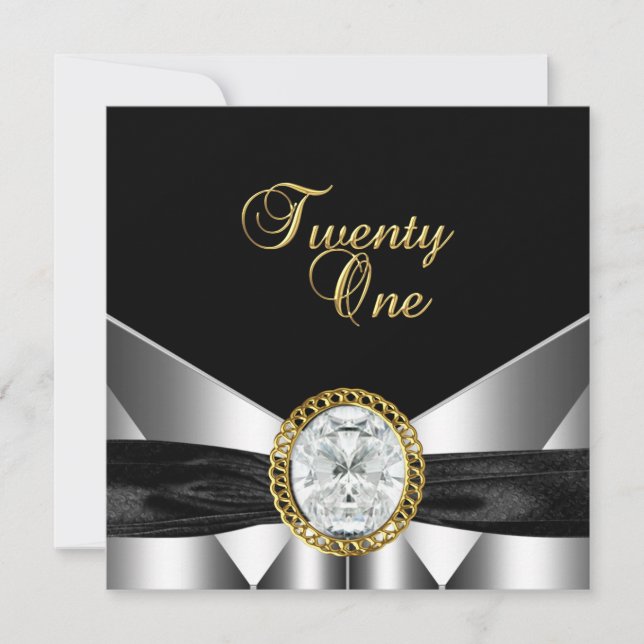 21. Geburtstag Diamond Jewel Black Silver Gold Einladung (Vorderseite)