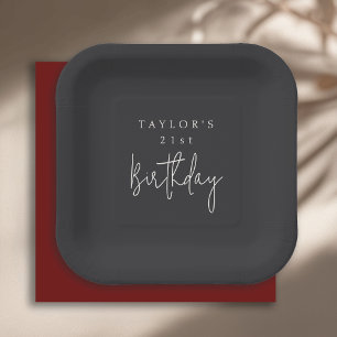 21. Geburtstag Einfache Minimalistische Flat Black Pappteller