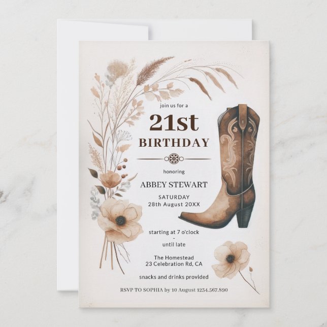 21. Geburtstag Einladende Cowgirl Einladung (Vorderseite)