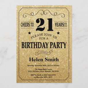 21. Geburtstag Einladung Black and Gold Glitzer