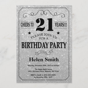 21. Geburtstag Einladung Black and Silver Glitzer