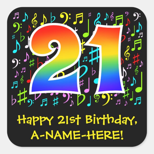 21. Geburtstag: Farbige Musiksymbole, Regenbogen 2 Quadratischer Aufkleber (Vorderseite)
