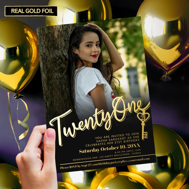 21. Geburtstag Foto Gold schwarz Folieneinladung (Von Creator hochgeladen)