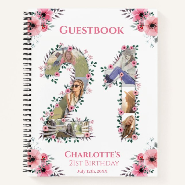 21. Geburtstag Foto Rosa Blume Weißes Gästebuch Notizbuch (Vorderseite)