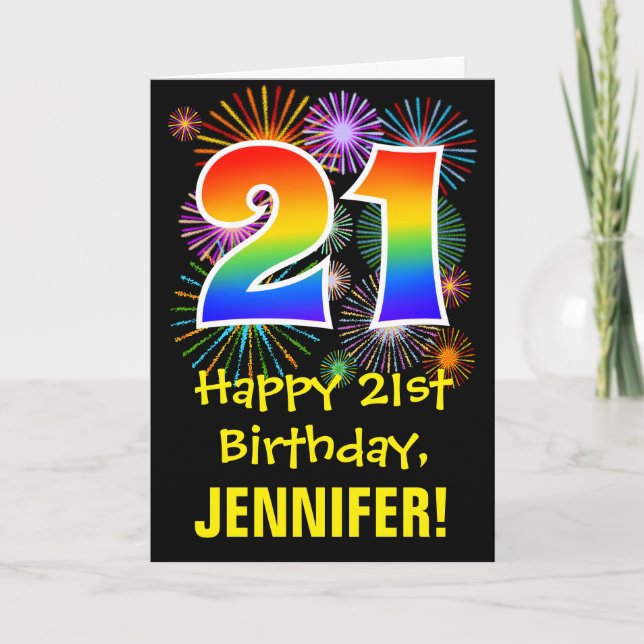 21. Geburtstag: Fun Fireworks Pattern + Regenbogen Karte (Vorderseite)