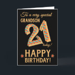 21. Geburtstag, für Grandson, Gold Effect on Black Karte<br><div class="desc">Eine schicke 21. Geburtstagskarte für einen ganz besonderen Grandson, mit der Zahl, 21, in einem hellen Mosaikmuster mit einer Gold-Effekt-Kontur und dem ganzen Text in Goldeffektschrift (dh nicht Metallfarbe). Neben dem "Happy Birthday" steht ein heller roter und goldener Stern auf diesem beeindruckenden digitalen Design von Judy Adamson. Die innere Botschaft,...</div>